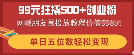99元狂撬500+创业粉,单日五位数轻松变现,网创朋友圈投放教程-云网创