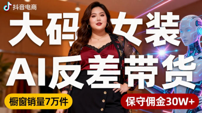 抖音小众赛道，大码女装AI反差带货，不用直播，每天6条作品，橱窗卖7万件，保守佣金30W+-云网创