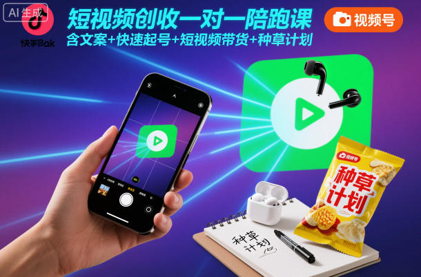 短视频创收一对一陪跑课，含文案+快速起号+短视频带货+种草计划-云网创