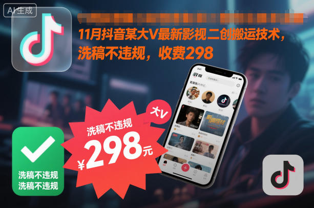 11月抖音某大V最新影视二创搬运技术,洗稿不违规,收费298-云网创