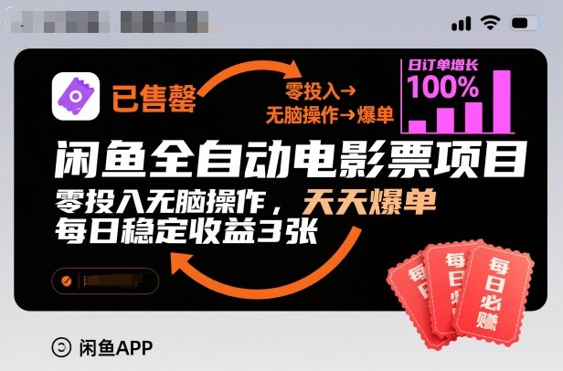 闲鱼全自动电影票项目,零投入无脑操作,天天爆单,每日稳定收益3张【揭秘】-云网创