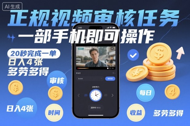 正规视频审核任务，一部手机即可操作，20秒完成一单，日入4张，多劳多得【揭秘】-云网创