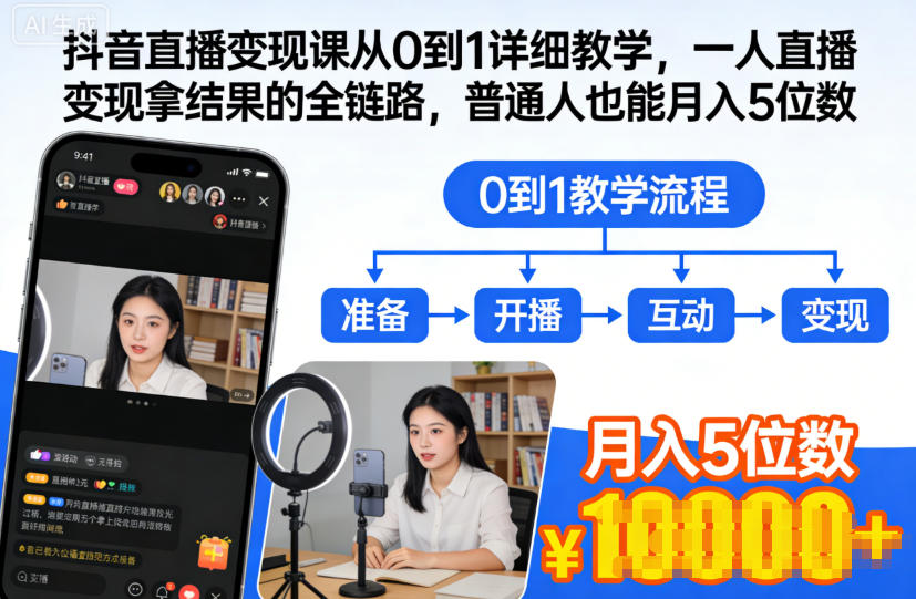 抖音直播变现课从0到1详细教学,一人直播变现拿结果的全链路,普通人也能月入5位数-云网创