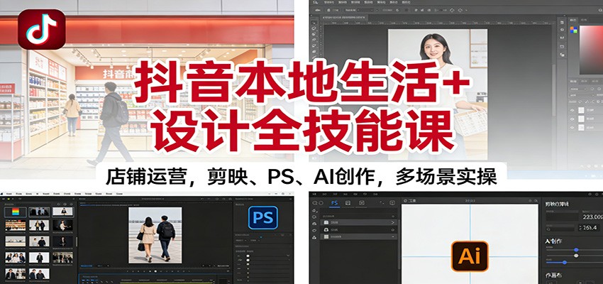 抖音本地生活+设计全技能课：店铺运营，剪映、PS、AI创作，多场景实操-云网创