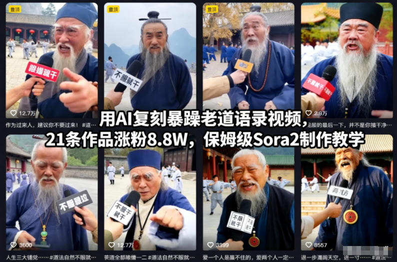 用AI复刻暴躁老道语录视频,21条作品涨粉8.8W,保姆级Sora2制作教学-云网创