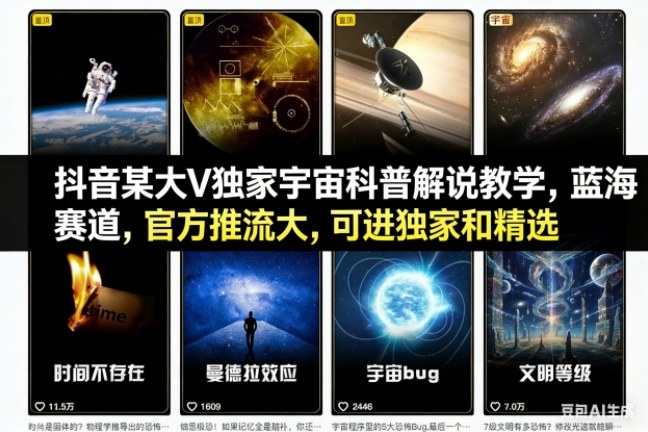 抖音某大V独家宇宙科普解说教学,蓝海赛道,官方推流大,可进独家和精选-云网创