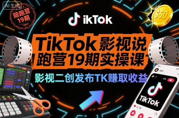 TikTok影视解说陪跑营19期实操课,影视二创发布TK賺取收益,万播收益50美金(更新)-云网创