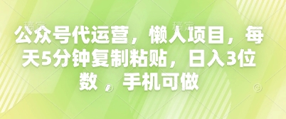 公众号代运营，懒人项目，每天5分钟复制粘贴，日入3位数 ，手机可做-云网创