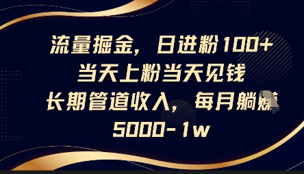 流量掘金,日进粉100+,当天上粉当天见钱,长期管道收入,每月躺挣5k-云网创